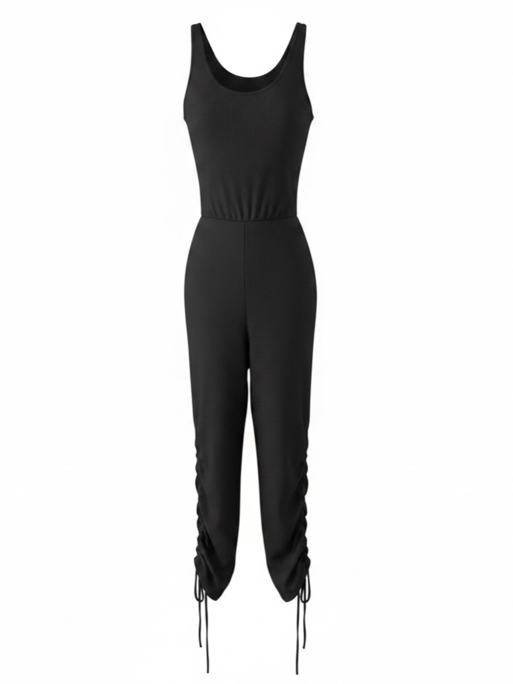 Green Ribbed Jumpsuit Women Sleeveless Ruched Drawstring Leg